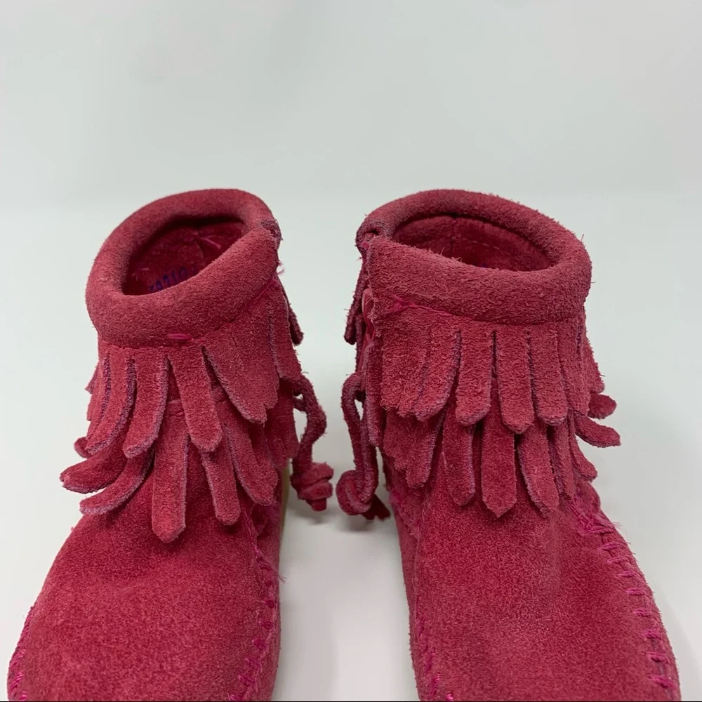 Minnetonka Baby Girls Hot Pink Suede Double Fringe Moccasin Boots Shoes Size 2